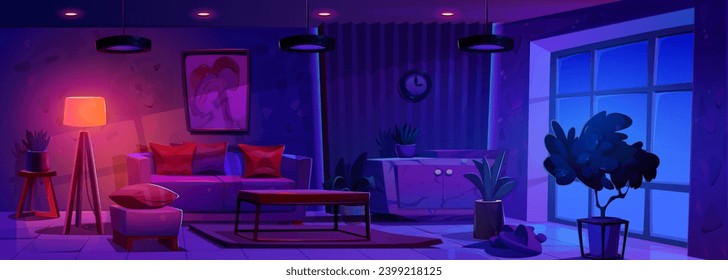 Sala de estar moderna en apartamento nocturno. Dibujo de dibujos animados del interior del hogar en estilo escandinavo, acogedor interior de casa oscura con muebles y ventana grande, cojines en el sofá, luz de la lámpara del suelo