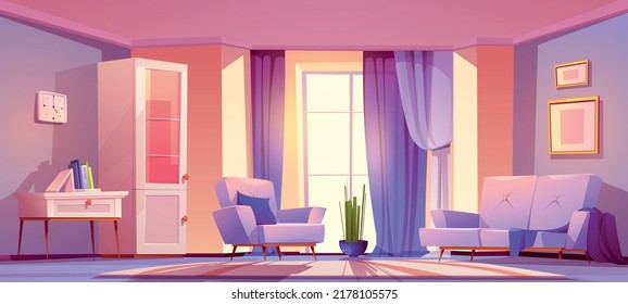 Modern living room with purple furniture and curtains on panoramic window. Vector cartoon illustration of empty lounge interior with sofa, chair, cabinet, books on table and big window - Shutterstock ID 2178105575