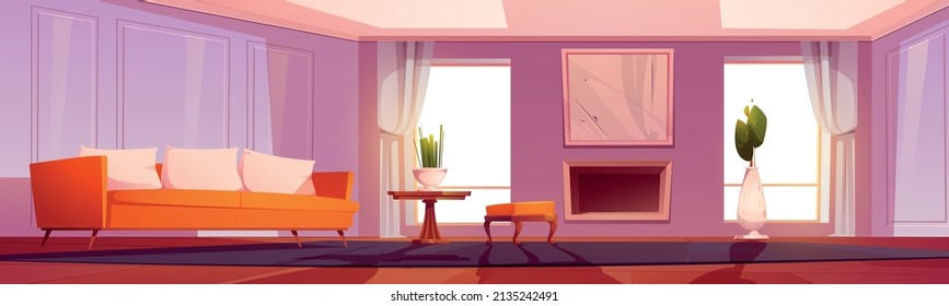 Modern living room with sofa, fireplace, plants and windows. Vector cartoon interior of empty lounge with couch, pouf, wooden table, mirror on wall, curtains and carpet - Shutterstock ID 2135242491