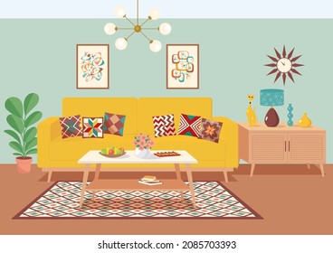 Modern Living Room With Sofa, Table, Chest Of Drawers, Carpet, Chandelier, And Midcentury Accessories. Comfortable Minimalist Stylish Interior In Scandinavian Style With Retro Decor