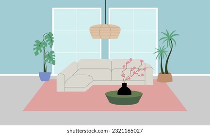 Modern living room with sofa, table, plants and other decor. Vector flat illustration of interior design and furniture