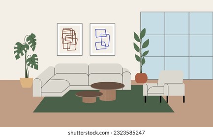 Moderna sala de estar con sofá, mesa, alfombra, plantas y otra decoración. Ilustración plana vectorial del diseño interior y del mobiliario
