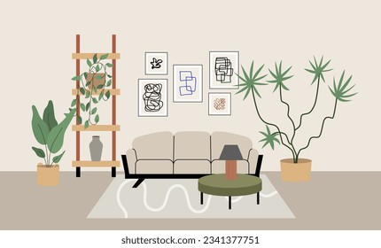 Modern living room with sofa, table, carpet, plants and other decor. Vector flat illustration of interior design and furniture