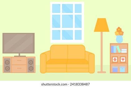 Moderno salón con sofá, televisión, lámpara y ventana.Acogedor interior.Muebles y accesorios de decoración.Hotel o apartamento.Casa o inmueble.Diseño de estilo plano.Gráfico.Dibujo vectorial de dibujos animados.