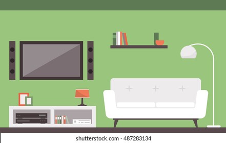 Modern living room with sofa and television, interior design concept