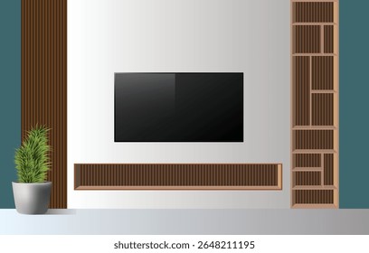Modern living room with TV and bookshelf. 3d illustration 