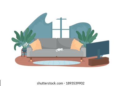 Modern living room with TV and couch 2D vector web banner, poster. Cat on grey sofa. Contemporary apartment flat scene on cartoon background. Home interior printable patch, colorful web element