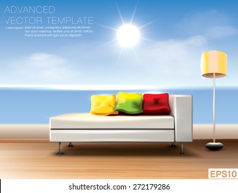 Modern living room with white leather sofa and colorful pillows and sea background. High quality vector template