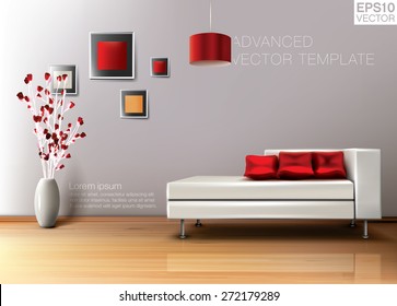 Modern living room with white leather sofa and red pillows. High quality vector template