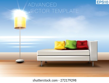 Modern living room with white leather sofa and colorful pillows and sea background. High quality vector template