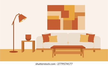 Modern living room with white sofa, coffee table, floor lamp and geometric wall art