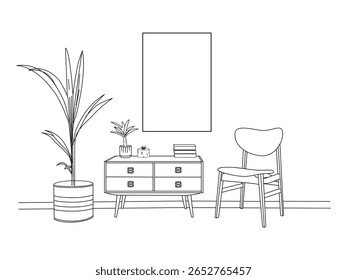 Sala de estar moderna com cadeiras de madeira, uma lateral, design de interiores com sala de estar moderna em linha de esboço preto no fundo branco.livro de coloração, ilustração preto e branco no estilo de esboço.