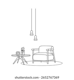 sala de estar moderna com cadeiras de madeira, uma lateral, design de interiores com sala de estar moderna em linha de esboço preto no fundo branco.livro de coloração, ilustração em preto e branco no estilo de esboço.