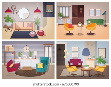 Modern living-room collection. Furnished apartment with furniture and houseplants. Colorful vector illustration set.