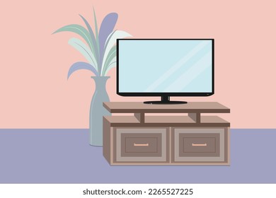 Modern living-room with TV equipment. Vector illustration. Large TV and vase with flowers
