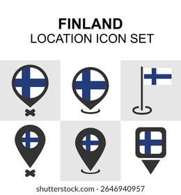 Um ícone de localização moderno com a bandeira da Finlândia em vários estilos de pin, adequado para viagens, mapas regionais ou aplicações digitais.