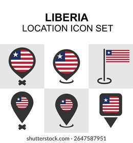 Ícones modernos de localização com a bandeira da Libéria. Ótimo para aplicativos, sites e designs de mapas globais.