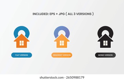 A modern location pin icon for real estate, ideal for GPS-based property search, rent apps, and real estate dashboards. Comes in flat, gradient, and monochrome styles.