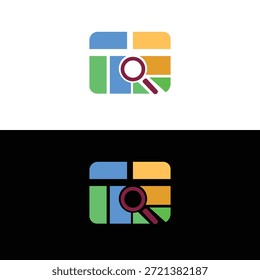 Logotipo de pesquisa de localização moderno com um mapa e conceito de lupa. Adequado para aplicativos de navegação GPS, plataformas de pesquisa de mapas, serviços de viagem e soluções digitais baseadas em localização.