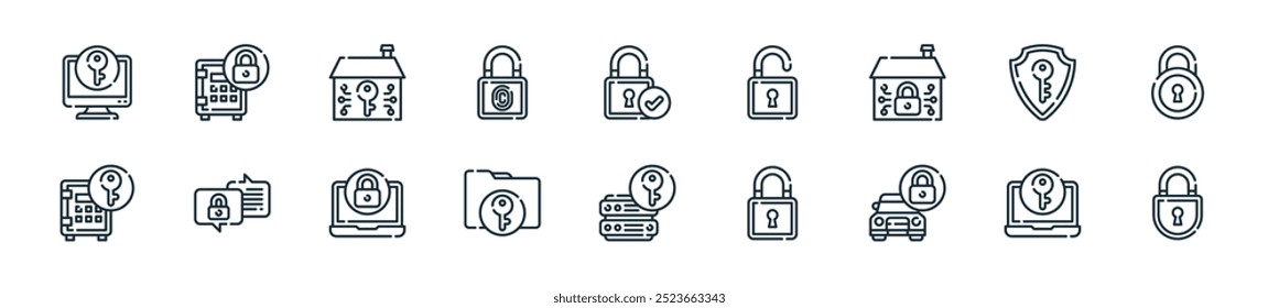 modern lock and key icon pack. perfect for linear ui designs featuring vector padlock, laptop, lock, lock, server, folder, laptop and more icons for mobile and web apps.