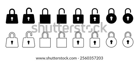 Modern Lock Pad Icon, Cybersecurity and Privacy Tool. 
Locked and unlocked black icon collection. Flat security symbol. Vector illustration.