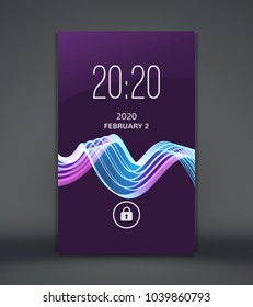 Modern lock screen for smartphone. Mobile application interface design. Wavy background with motion effect. Abstract vector illustration.