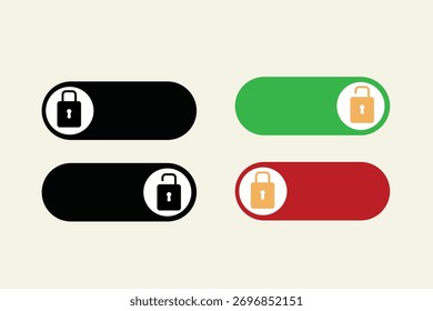Modernos Botones de conmutación de bloqueo en estilos de color rojo, negro y verde, que representan el acceso de seguridad activado o desactivado para App o diseño de interfaz.