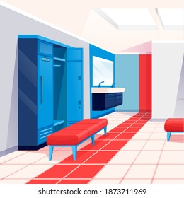 Modern Locker Room Interior Design Background. Room For Changing Clothes For Fitness And Sport Exercise In Gym Vector Illustration. Private Place With Lockers, Benches, Sinks, Mirror, Bags.