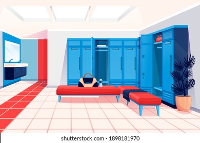 Modern Locker Room Interior Design Background. Room For Changing Clothes For Fitness And Sport Exercise In Gym Vector Illustration. Private Place With Lockers, Benches, Sinks, Mirror, Bags.