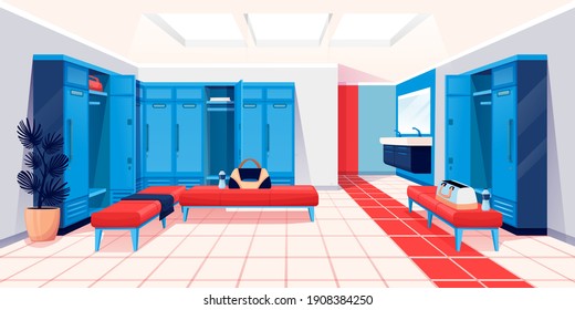 Modern locker room interior design background. Room for changing clothes for fitness and sport exercise in gym vector illustration. Private place with lockers, benches, sinks, mirror, bags.