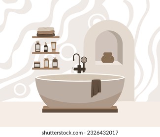 Modern loft bathroom vector flat composition. Stylish home decor in scandinavian style. Boho ethnic apartment in terracotta, pastel white and beige colors. Hygge lifestyle design.