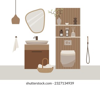 Modernes Dachbadezimmer, Vektorflachzusammensetzung. Stilvolles, skandinavisches Dekor. Boho ethnische Wohnung in Terrakotta, pastellweiß und beige Farben. Hyge Lifestyle Design.