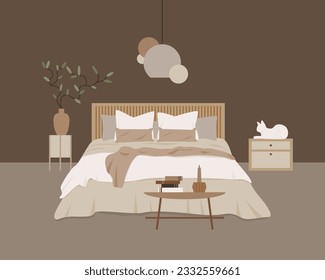 Moderno dormitorio en loft vectorial elementos aislados. Decoración casera de estilo escandinavo. Apartamento étnico Boho en terracota, en tonos blanco pastel y beige. Diseño de estilo de vida gigantesco.