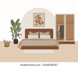 Modernes Wohnzimmer Vektor-Wohnung Zusammensetzung. Stilvolles, skandinavisches Dekor. Boho ethnische Wohnung in Terrakotta, pastellweiß und beige Farben. Hyge Lifestyle Design.