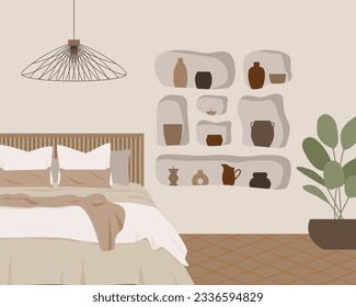 Modern loft bedroom vector flat isolated elements. Stylish home decor in scandinavian style. Boho ethnic apartment in terracotta, pastel white and beige colors. Hygge lifestyle design.