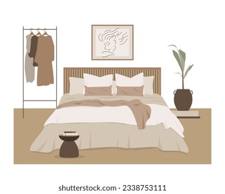 Modern loft bedroom vector flat isolated elements. Stylish home decor in scandinavian style. Boho ethnic apartment in terracotta, pastel white and beige colors. Hygge lifestyle design.