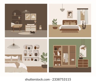 Modern loft bedroom vector flat isolated elements. Stylish home decor in scandinavian style. Boho ethnic apartment in terracotta, pastel white and beige colors. Hygge lifestyle design.