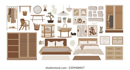 Modern loft bedroom vector flat isolated elements. Stylish home decor in scandinavian style. Boho ethnic apartment in terracotta, pastel white and beige colors. Hygge lifestyle design.