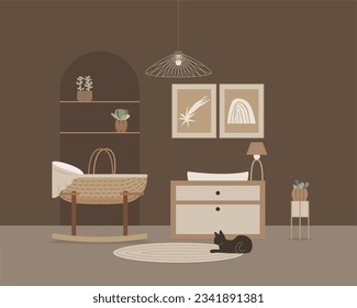 Modern loft bedroom vector flat isolated elements. Stylish home decor in scandinavian style. Boho ethnic apartment in terracotta, pastel white and beige colors. Hygge lifestyle design.