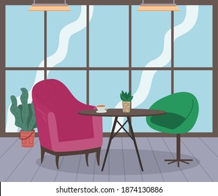Modernes Loft-Interieur des Cafés oder Wohnzimmers mit rundem Couchtisch, zwei Sesseln, Blume in der Kanne, Panoramafenster, Deckenleuchten. Vintage Fuchsia Sessel, runde grüne Bar Stuhl. Flachbild