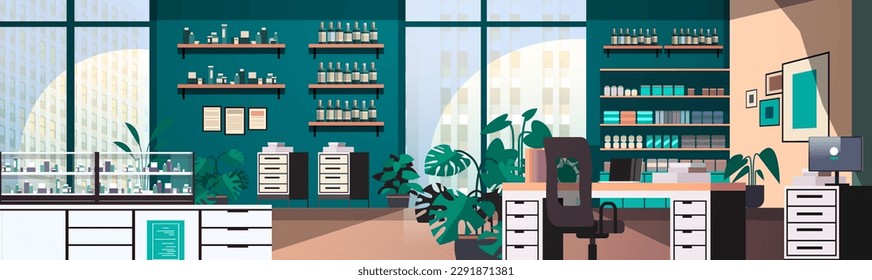 modern loft interior of cosmetology salon or open space home office with furniture for corporate or freelance work