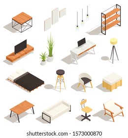 Modern Loft Interior Isometric Elements With Mirror Bed Computer Desk Tv Sofa Couch Lamp Isolated Vector Illustration 