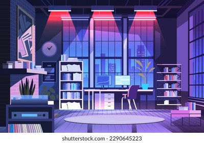 modern loft interior of night open space home office with furniture for corporate or freelance work