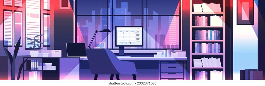 modern loft interior of night open space home office with furniture for corporate or freelance work