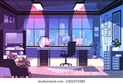 modern loft interior of night open space home office with furniture for corporate or freelance work