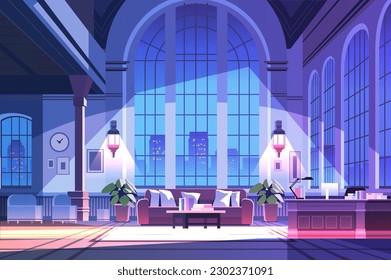 modern loft interior of night open space home office with furniture for corporate or freelance work
