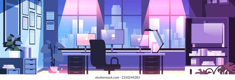 modern loft interior of night open space home office with furniture for corporate or freelance work