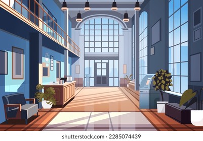 modern loft interior of office corridor with furniture empty no people business center hall horizontal