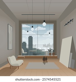 Modern loft interior. Trendy, minimalist apartment with modern Scandinavian-style furniture, decor items, and artworks. Contemporary studio with a huge window offering a panoramic view of the big city