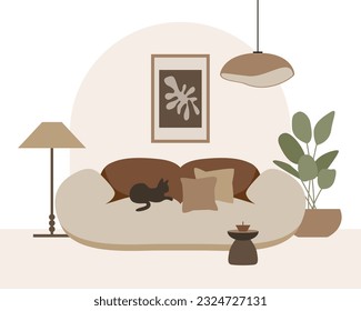 Modern loft living room vector composition. Stylish home decor in scandinavian style. Boho ethnic apartment in terracotta, pastel white and beige colors. Hygge lifestyle.